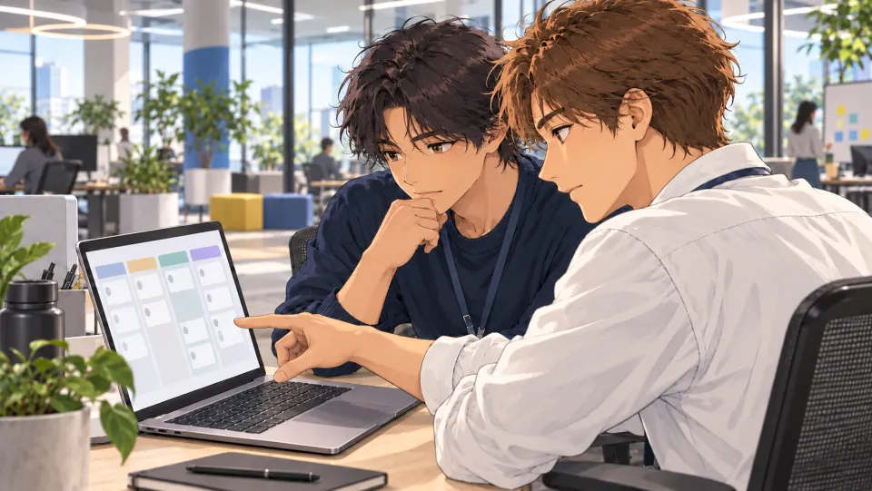 Two coworkers review a digital ticket board on a laptop in a modern office.